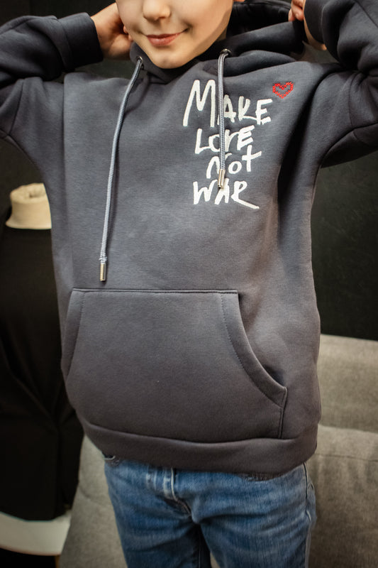 Pelēks bērnu hūdijs “Make love not war”